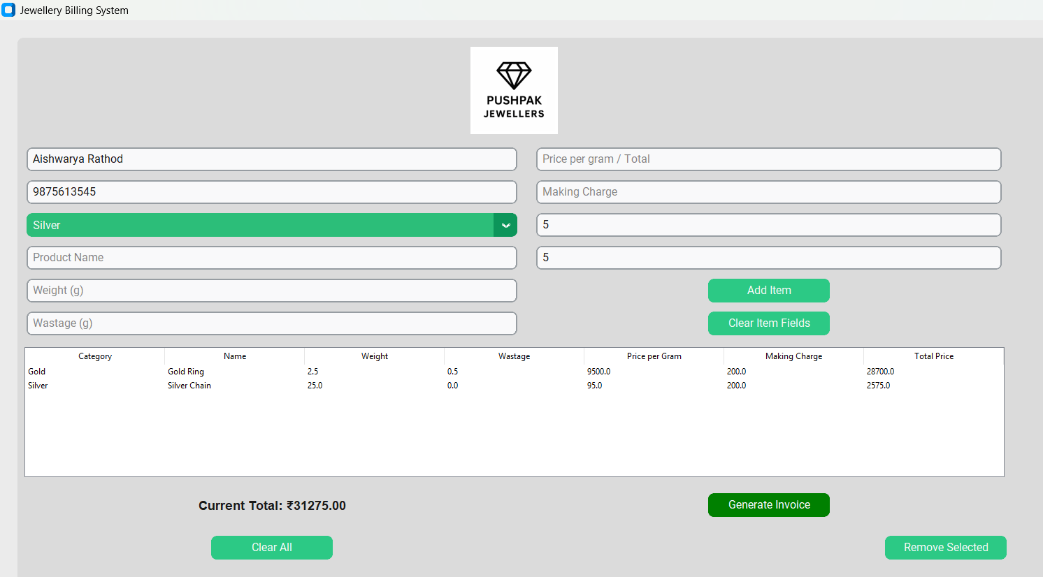 Desktop Invoice Application – Pushpak Jeweller